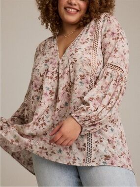 Boho Floral V-Neck Lace-Trim Blouse - Pink & Cream